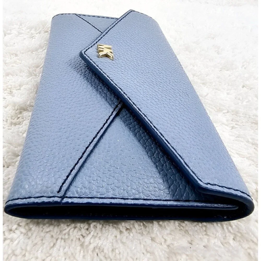 MICHAEL KORS Money Pieces Large Blue Pebble Leather Tri-Fold Envelope Wallet
